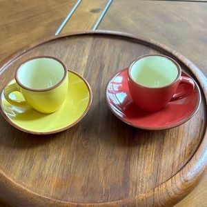 NEW espresso demitasse cups and saucers yellow (mustardy) & red, brown rimmed